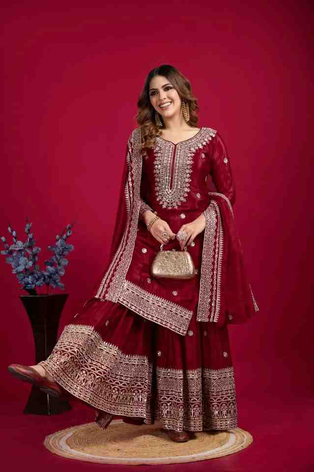 ✨ Elegant Maroon Chinnon Silk Set – Fully Stitched & Ready to Wear ✨