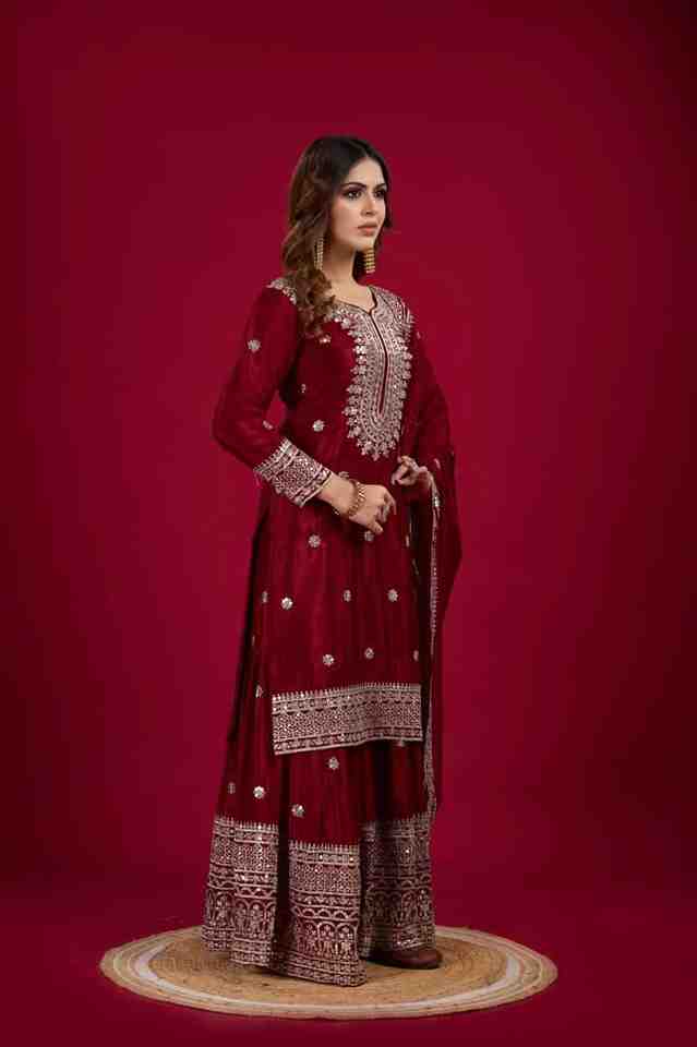 ✨ Elegant Maroon Chinnon Silk Set – Fully Stitched & Ready to Wear ✨