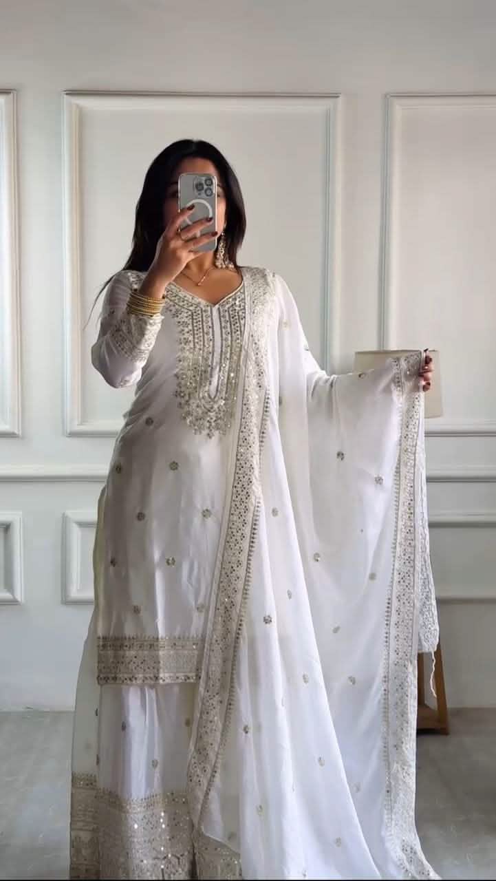 ✨ Elegant White Chinnon Silk Set ✨ | Heavy Embroidery & Sequins | Fully Stitched & Ready to Wear