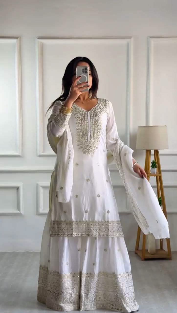✨ Elegant White Chinnon Silk Set ✨ | Heavy Embroidery & Sequins | Fully Stitched & Ready to Wear