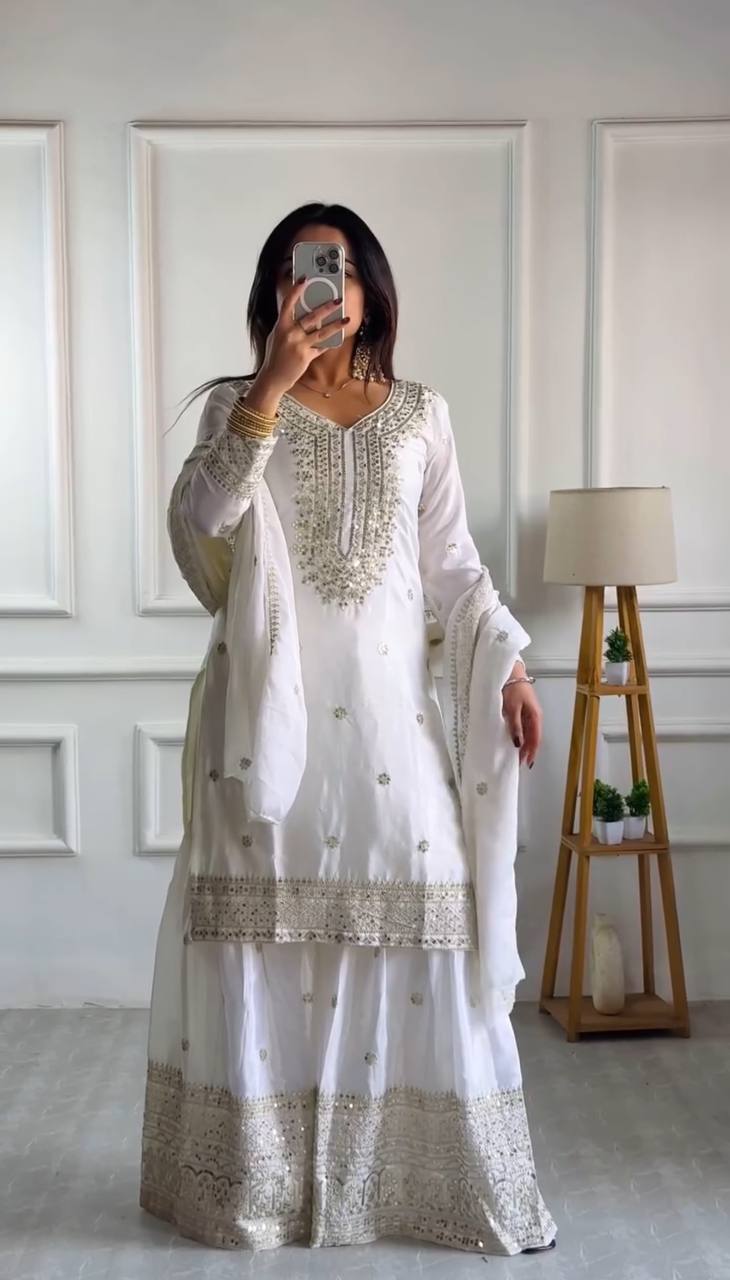✨ Elegant White Chinnon Silk Set ✨ | Heavy Embroidery & Sequins | Fully Stitched & Ready to Wear