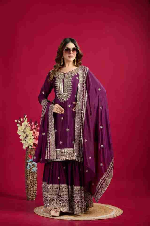 ✨ Elegant Purple Chinnon Silk Embroidered Plazo Set ✨