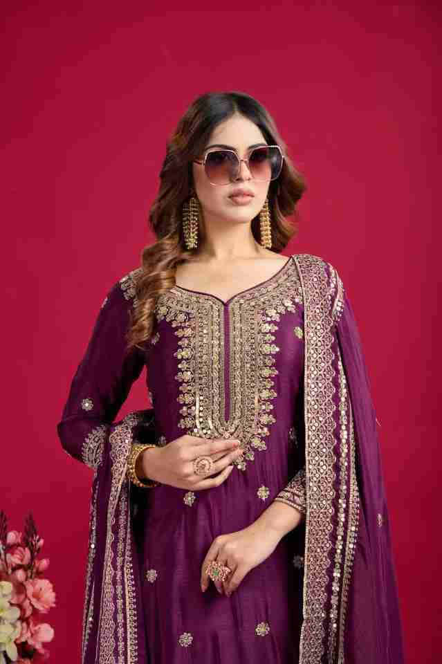 ✨ Elegant Purple Chinnon Silk Embroidered Plazo Set ✨