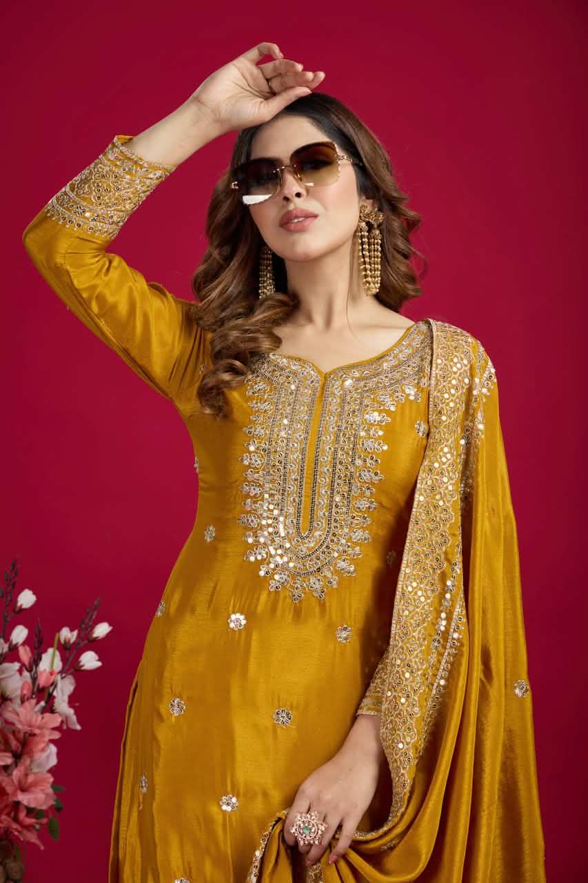 🌟 New Yellow Chinnon Silk Top-Plazo Dupatta Set | Heavy Embroidery & Sequins Work | Fully Stitched & Ready to Wear