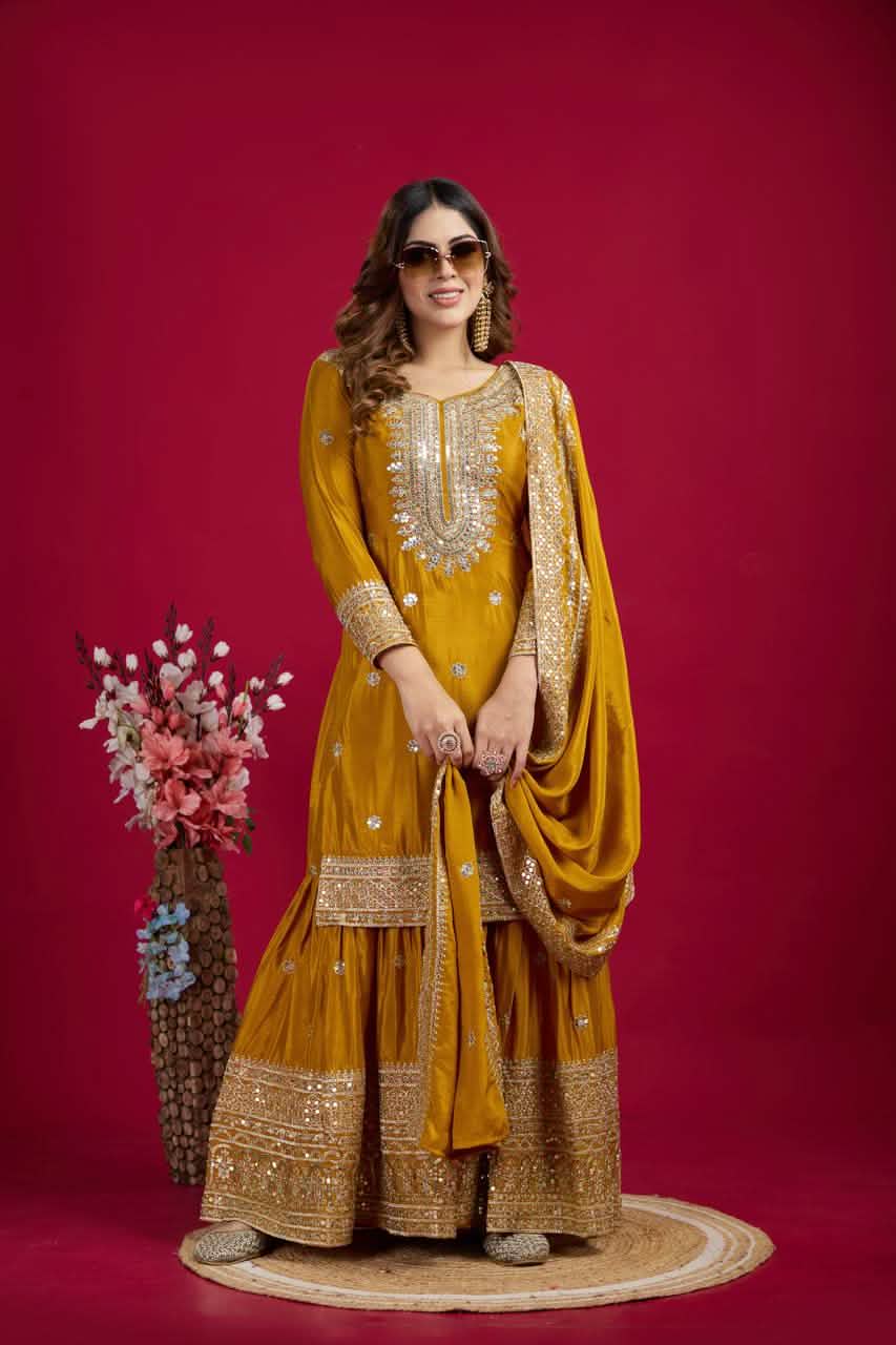 🌟 New Yellow Chinnon Silk Top-Plazo Dupatta Set | Heavy Embroidery & Sequins Work | Fully Stitched & Ready to Wear