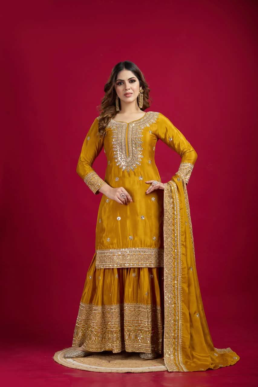 🌟 New Yellow Chinnon Silk Top-Plazo Dupatta Set | Heavy Embroidery & Sequins Work | Fully Stitched & Ready to Wear