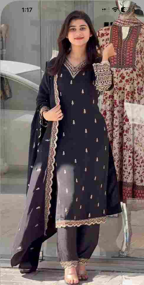 🌿 New Chinnon Silk With Heavy Embroidery Sequence Work Top-Plazo And Dupatta Set 🌿