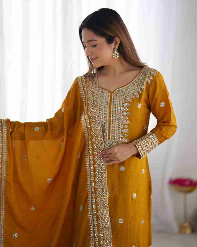Elegant Yellow Embroidered Party Wear Gown with Dupatta ✨