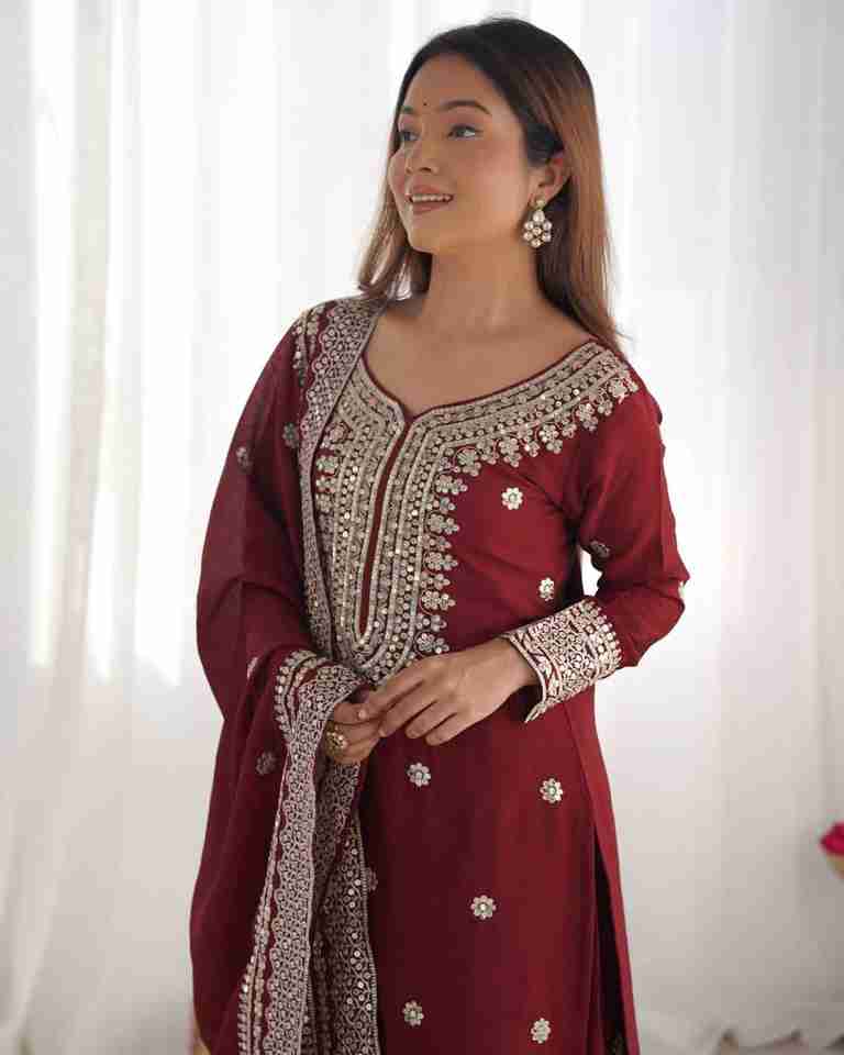 Presenting New Maroon Chinnon Silk With Heavy Embroidery Sequence Work Top-Plazo And Dupatta Set With Fully Stitched Ready To Wear Collection