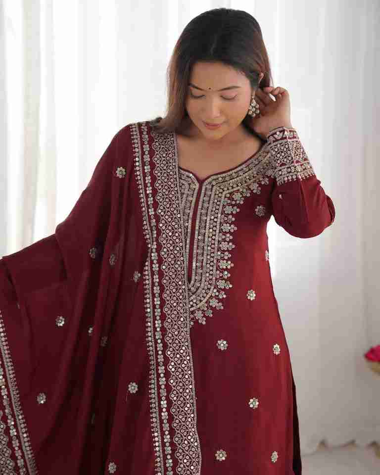 Presenting New Maroon Chinnon Silk With Heavy Embroidery Sequence Work Top-Plazo And Dupatta Set With Fully Stitched Ready To Wear Collection
