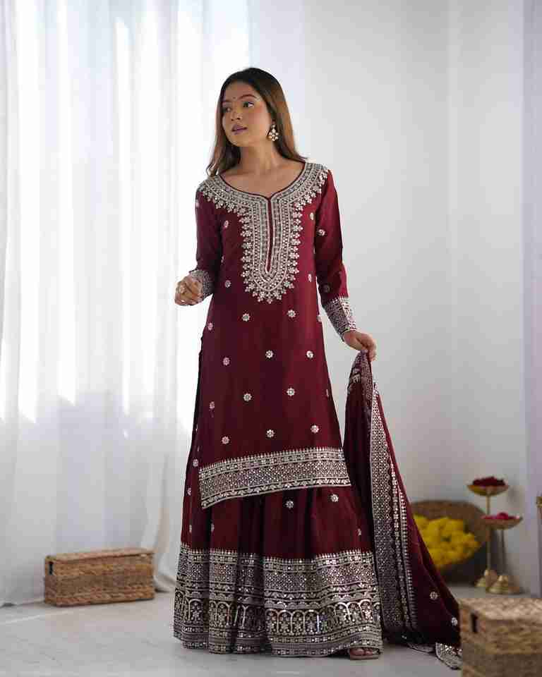 Presenting New Maroon Chinnon Silk With Heavy Embroidery Sequence Work Top-Plazo And Dupatta Set With Fully Stitched Ready To Wear Collection