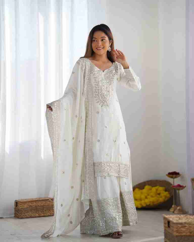 Presenting New White Chinnon Silk With Heavy Embroidery Sequence Work Top-Plazo And Dupatta Set With Fully Stitched Ready To Wear Collection