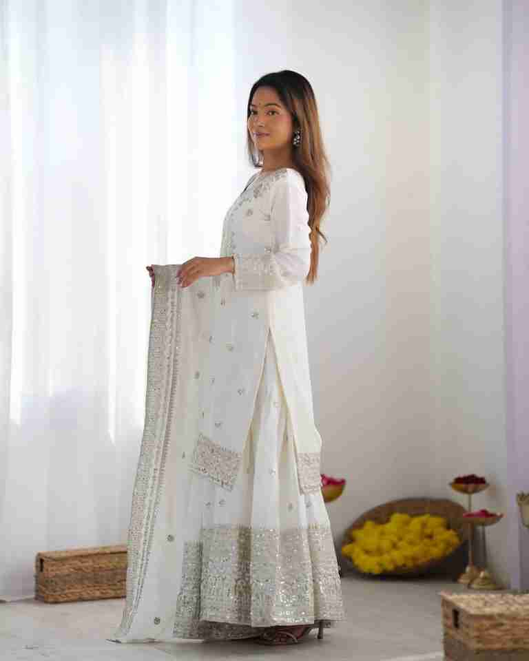 Presenting New White Chinnon Silk With Heavy Embroidery Sequence Work Top-Plazo And Dupatta Set With Fully Stitched Ready To Wear Collection