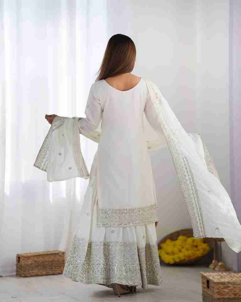 Presenting New White Chinnon Silk With Heavy Embroidery Sequence Work Top-Plazo And Dupatta Set With Fully Stitched Ready To Wear Collection