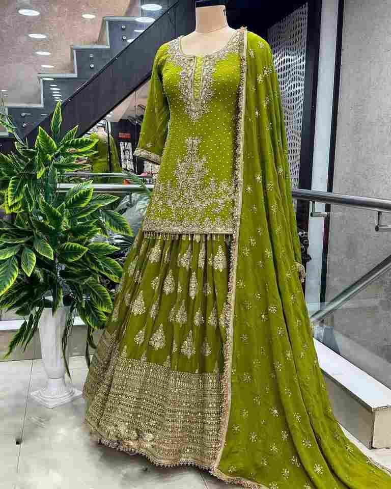 Pure Heavy Chinnon Silk With Heavy 5mm Embroidery Sequence Work With Sleeves Green