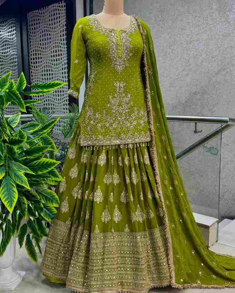 Pure Heavy Chinnon Silk With Heavy 5mm Embroidery Sequence Work With Sleeves Green