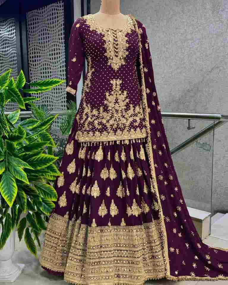 Pure Heavy Chinnon Silk With *Heavy 5mm Embroidery Sequence Work* With Sleeves Maroon