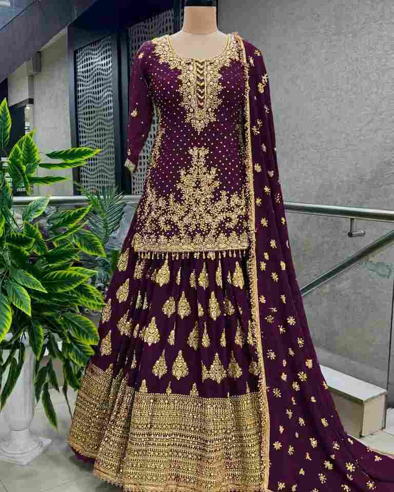 Pure Heavy Chinnon Silk With *Heavy 5mm Embroidery Sequence Work* With Sleeves Maroon