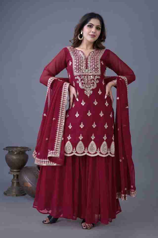 🌿 New Maroon Real Modelling Designer Party Wear Look Top-Sharara and Dupatta With Heavy Embroidery Work 🌿