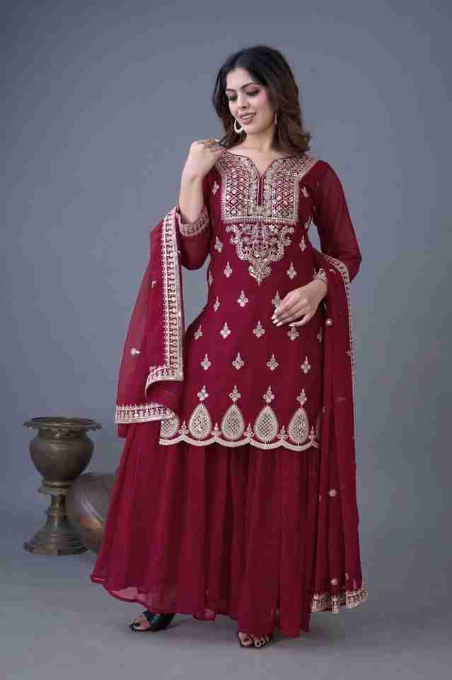 🌿 New Maroon Real Modelling Designer Party Wear Look Top-Sharara and Dupatta With Heavy Embroidery Work 🌿