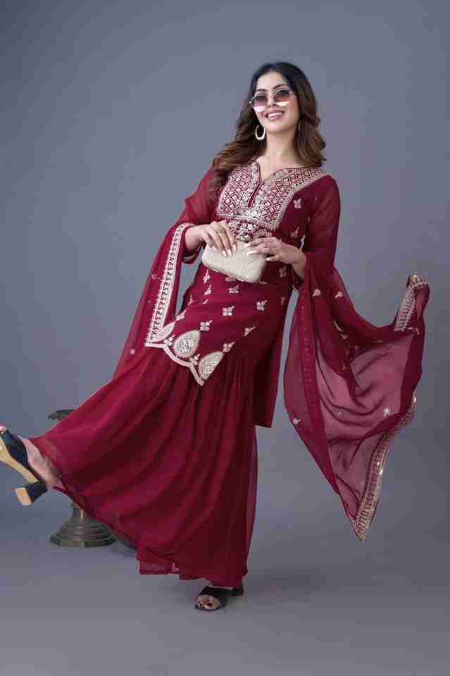 🌿 New Maroon Real Modelling Designer Party Wear Look Top-Sharara and Dupatta With Heavy Embroidery Work 🌿