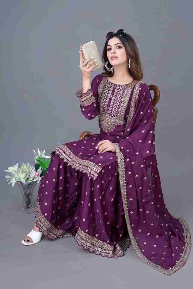 🌿 New Purple Designer Party Wear Look Fancy Top-Dupatta and Fully Stitched Sharara 🌿