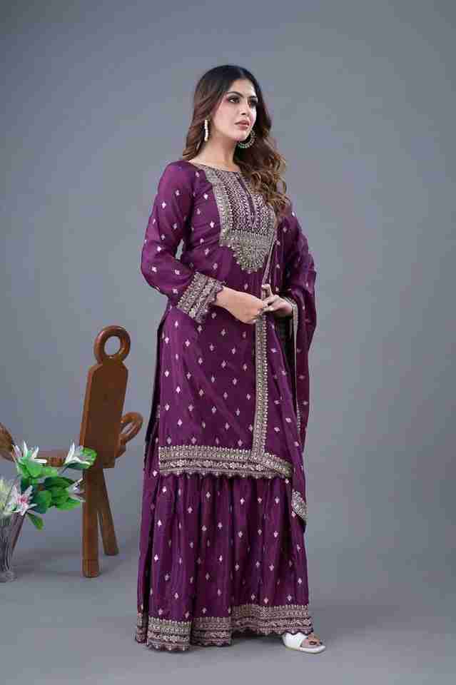 🌿 New Purple Designer Party Wear Look Fancy Top-Dupatta and Fully Stitched Sharara 🌿