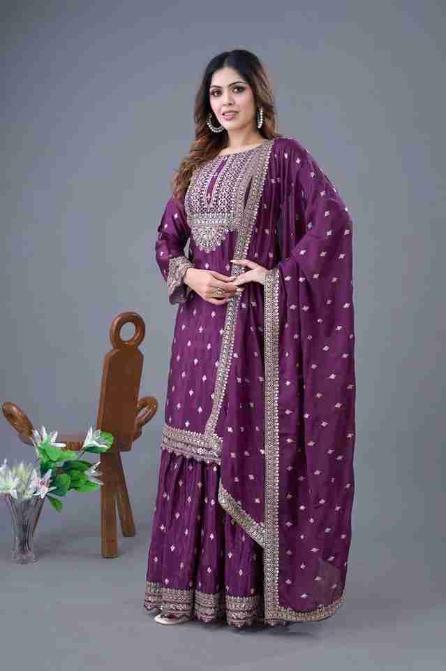 🌿 New Purple Designer Party Wear Look Fancy Top-Dupatta and Fully Stitched Sharara 🌿