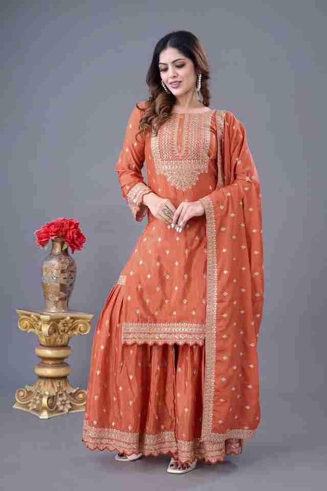 💙✨ New Orange Designer Party Wear Look Fancy Top-Dupatta and Fully Stitched Sharara 💙✨