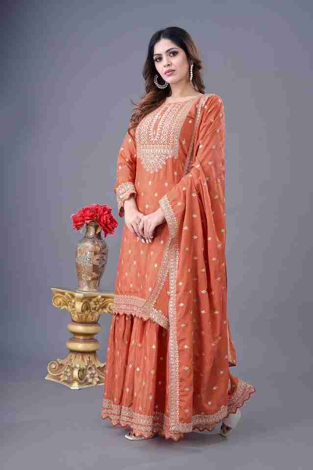 💙✨ New Orange Designer Party Wear Look Fancy Top-Dupatta and Fully Stitched Sharara 💙✨