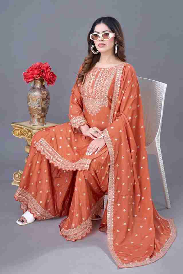 💙✨ New Orange Designer Party Wear Look Fancy Top-Dupatta and Fully Stitched Sharara 💙✨