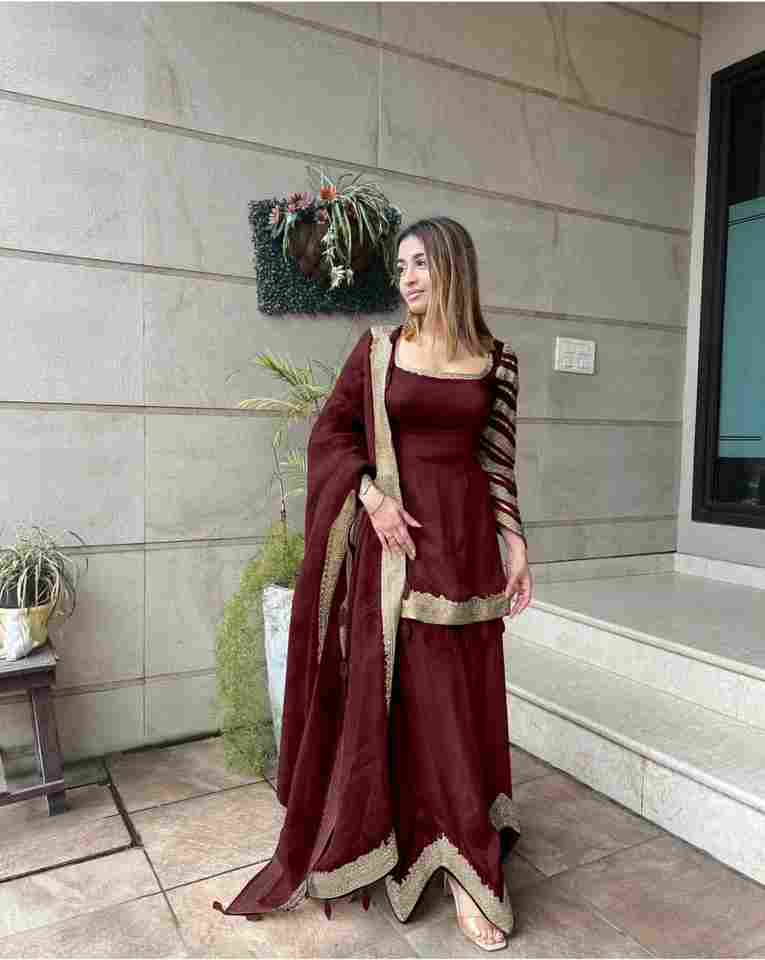 Lunching New maroon Đěsigner Party Wear Look New Sharara Palzo With Heavy Embroidery