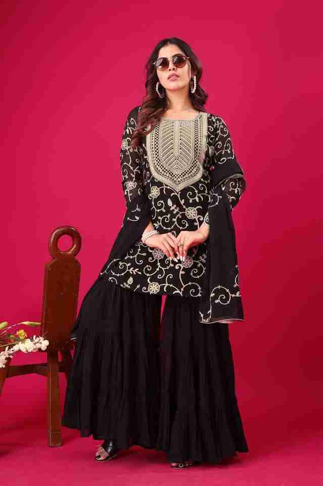 💙✨ New Black Real Modelling Designer Party Wear Look Top-Sharara and Dupatta 💙✨