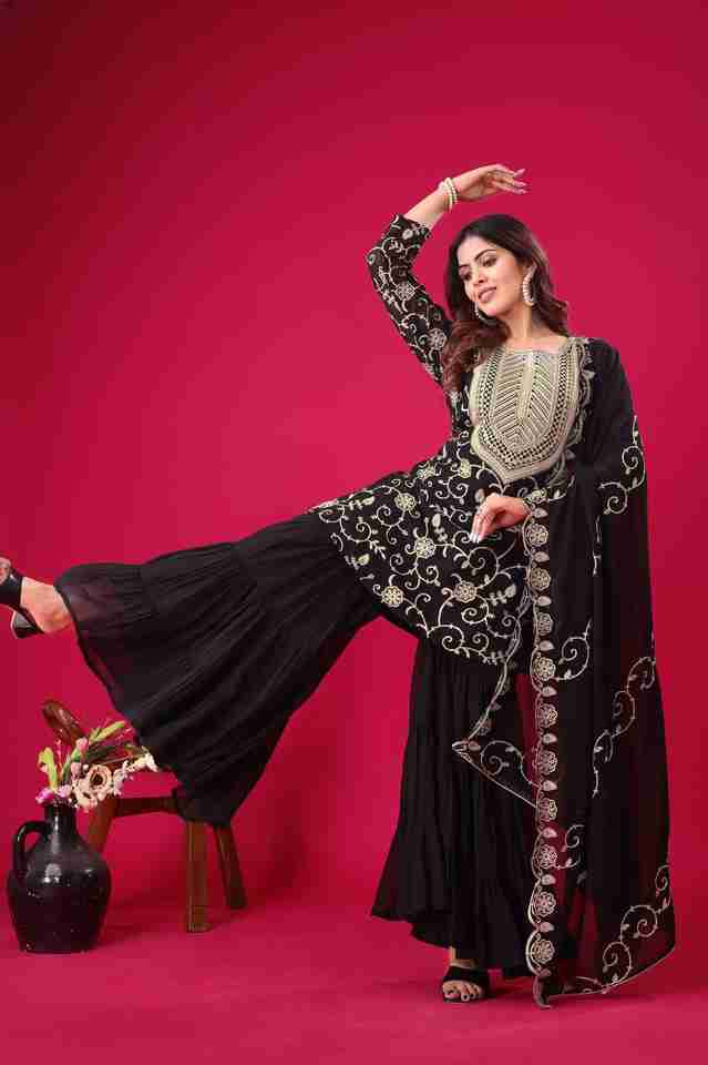 💙✨ New Black Real Modelling Designer Party Wear Look Top-Sharara and Dupatta 💙✨