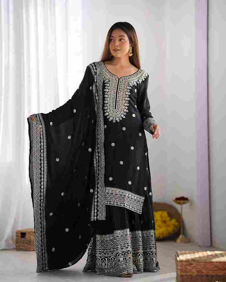 New Chinnon Silk With Heavy Embroidery Sequence Work Top-Plazo And Dupatta Set With Fully Stitched Ready To Wear Collection