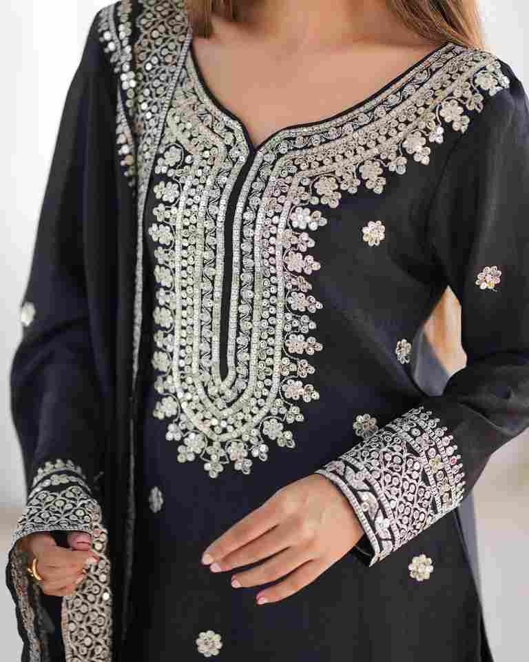 New Chinnon Silk With Heavy Embroidery Sequence Work Top-Plazo And Dupatta Set With Fully Stitched Ready To Wear Collection