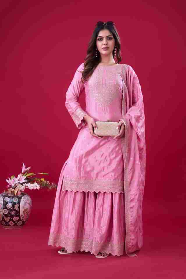 New Pink Designer Party Wear Look Fancy Top-Dupatta and Fully Stitched Sharara