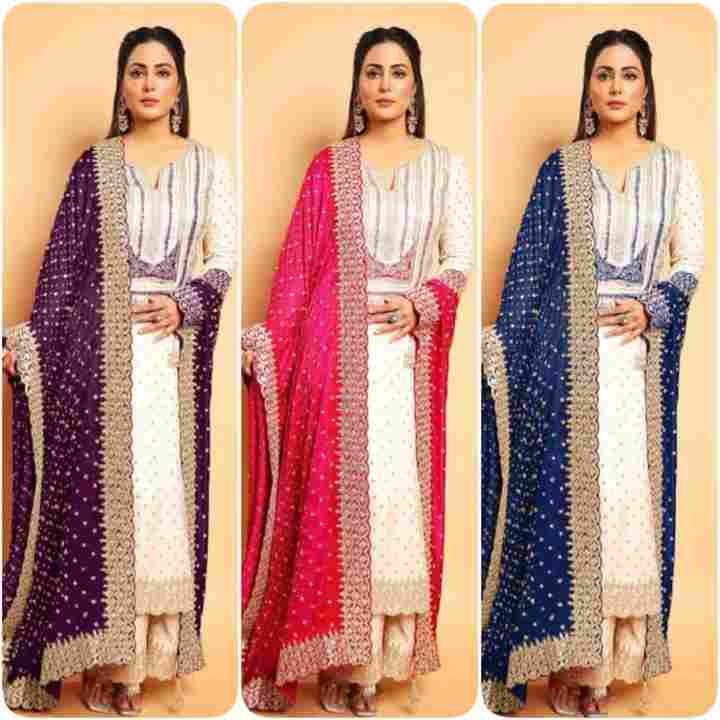 New Eid Collection Pure Chinnon Silk With Heavy Embroidery Sequence Work Top-Bottom And Dupatta Set Fully Stitched Ready To Wear 🔥