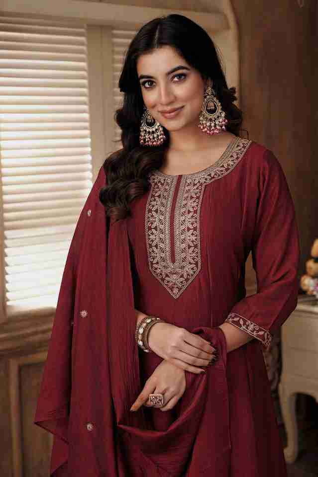 Vichitra Embroidery Maroon Suit Set
