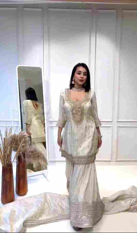 New white Chinnon Silk With Heavy Embroidery Sequence Work Top-Plazo And Dupatta Set With Fully Stitched Ready To Wear Collection