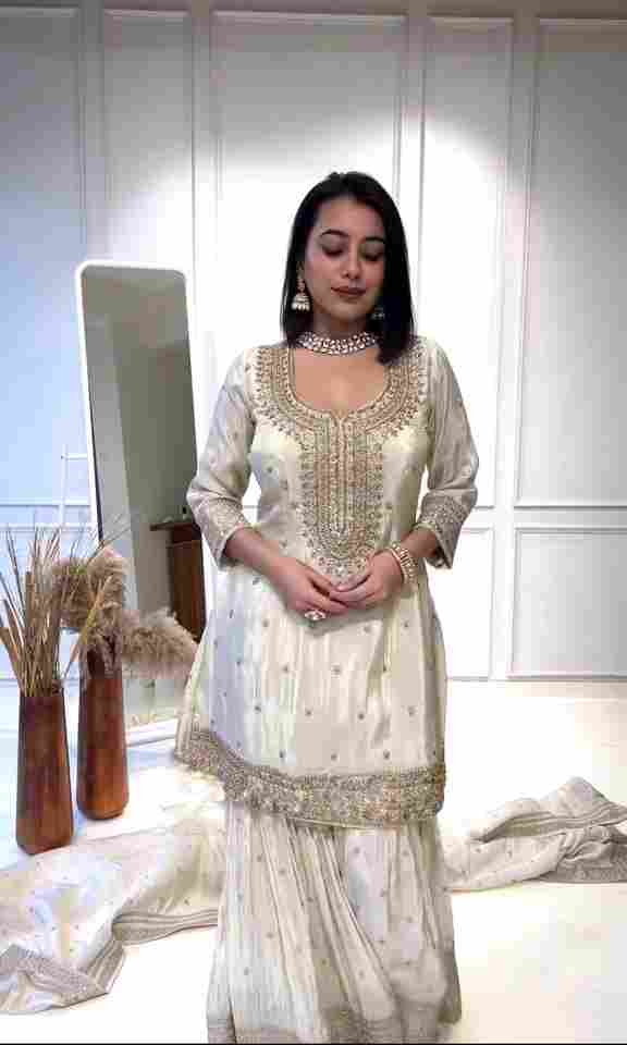 New white Chinnon Silk With Heavy Embroidery Sequence Work Top-Plazo And Dupatta Set With Fully Stitched Ready To Wear Collection
