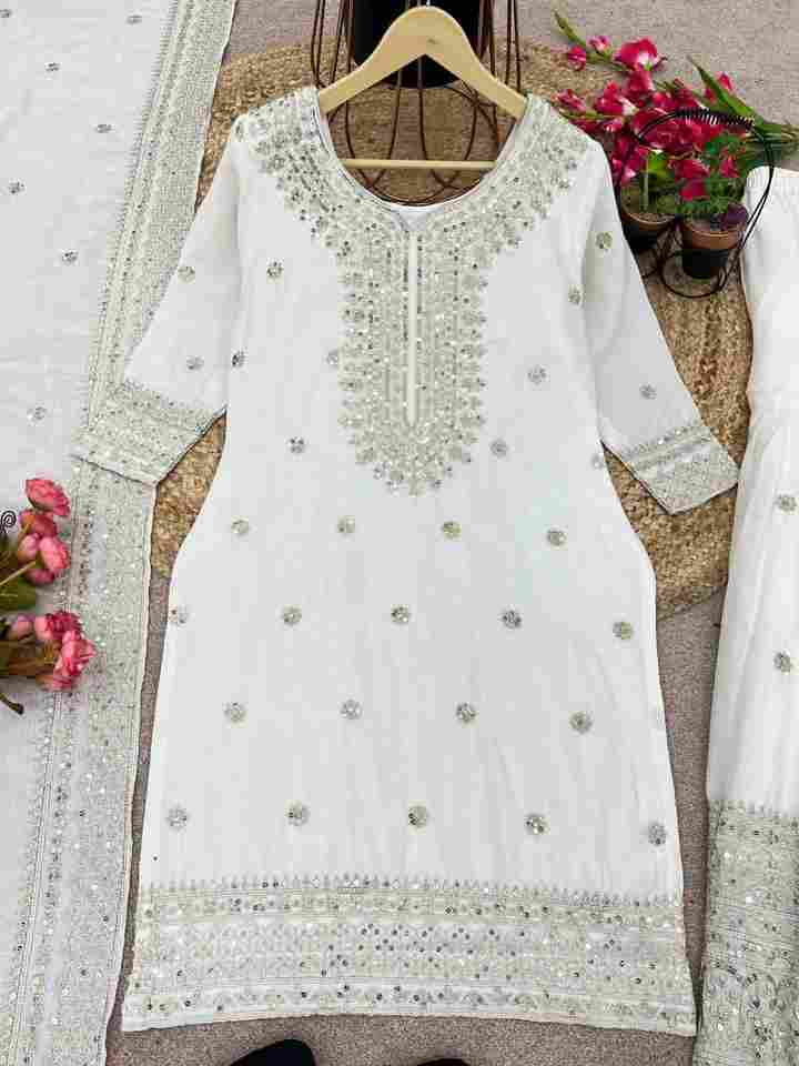 New white Chinnon Silk With Heavy Embroidery Sequence Work Top-Plazo And Dupatta Set With Fully Stitched Ready To Wear Collection