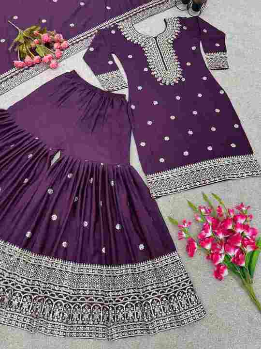 New Chinnon Silk With Heavy Embroidery Sequence Work Top-Plazo And Dupatta Set (Purple)