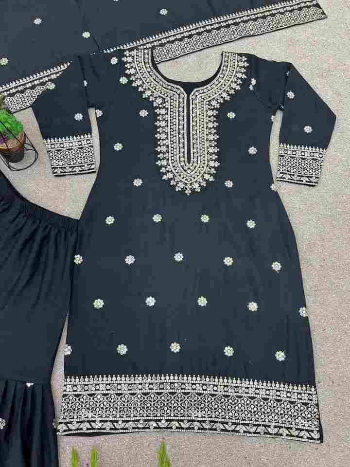New Chinnon Silk With Heavy Embroidery Sequence Work Top-Plazo And Dupatta Set (Black)