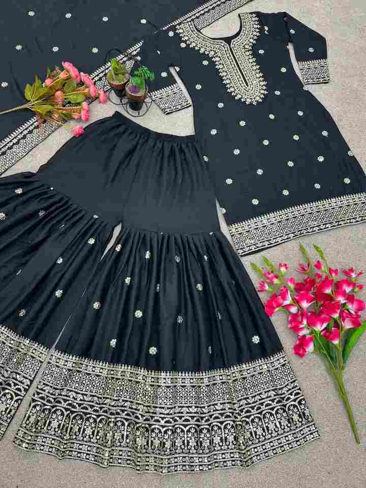 New Chinnon Silk With Heavy Embroidery Sequence Work Top-Plazo And Dupatta Set (Black)
