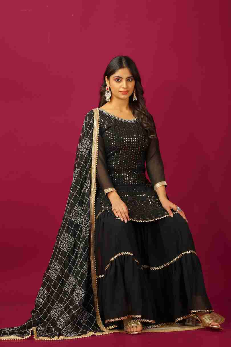 🖤 Premium Black Designer Faux Georgette Set – Fully Stitched & Ready to Wear ✨