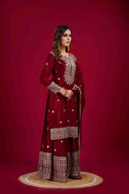 ✨ Elegant Maroon Chinnon Silk Set – Fully Stitched & Ready to Wear ✨