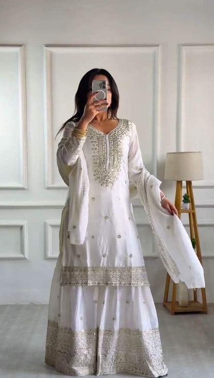 ✨ Elegant White Chinnon Silk Set ✨ | Heavy Embroidery & Sequins | Fully Stitched & Ready to Wear