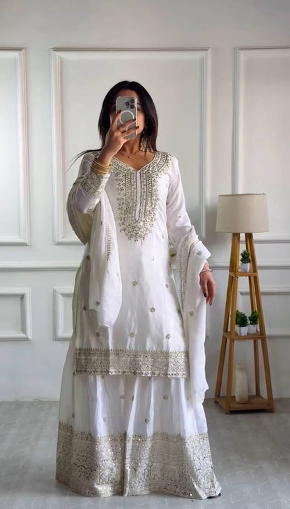 ✨ Elegant White Chinnon Silk Set ✨ | Heavy Embroidery & Sequins | Fully Stitched & Ready to Wear