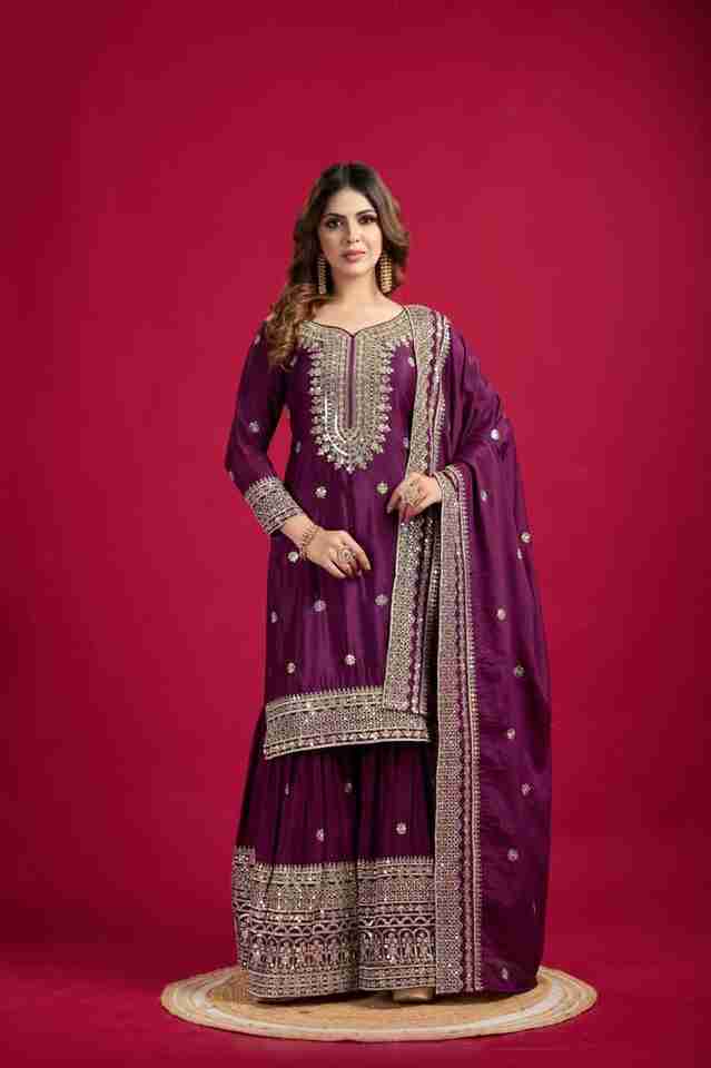 ✨ Elegant Purple Chinnon Silk Embroidered Plazo Set ✨
